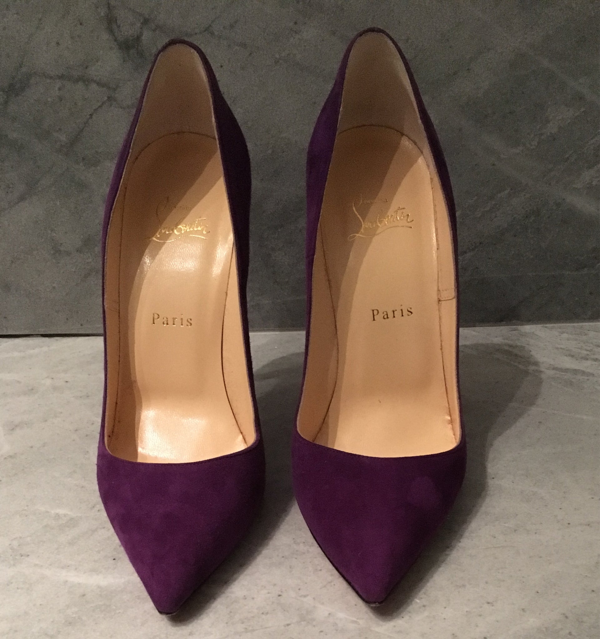 Christian Louboutin 36 Purple Suede So Kate Red Bottom Heels 1CL330