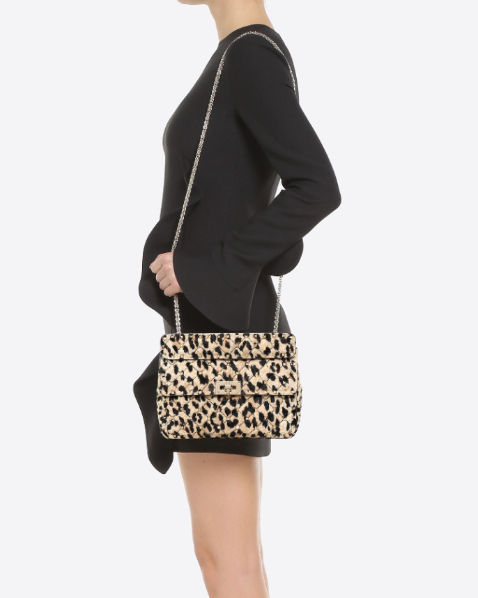 Valentino Brown Pony Hair Leopard Crystal Chained Shoulder Bag