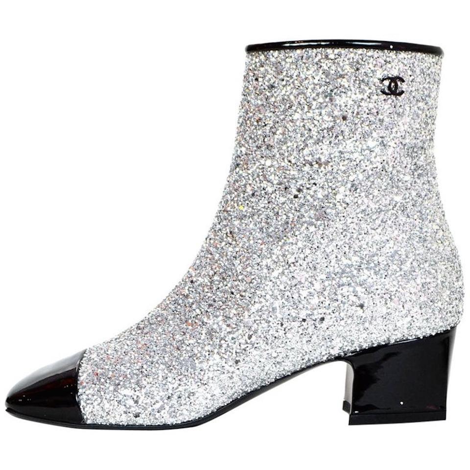 Chanel Blue Glitter Cap Toe Booties Size 40 #4922